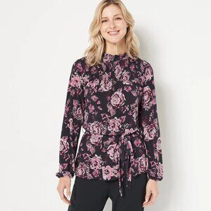 Girl With Curves X-Large Knit Smocked Neck Tunic w/Tie Berry Floral Classic chic